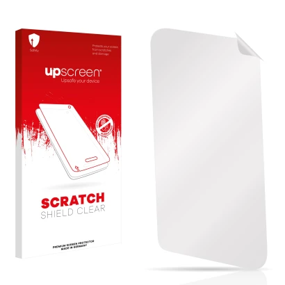 Vorderseite einer Produktverpackung mit dem Markenlogo upscreen. Daneben ist der zugehörige Displayschutz.