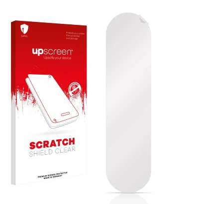 Vorderseite einer Produktverpackung mit dem Markenlogo upscreen. Daneben ist der zugehörige Displayschutz.