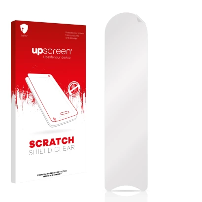 Vorderseite einer Produktverpackung mit dem Markenlogo upscreen. Daneben ist der zugehörige Displayschutz.