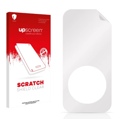 Vorderseite einer Produktverpackung mit dem Markenlogo upscreen. Daneben ist der zugehörige Displayschutz.