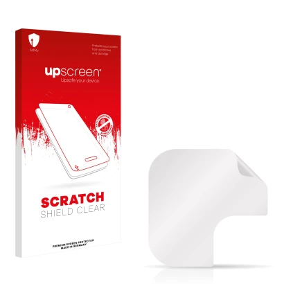 Vorderseite einer Produktverpackung mit dem Markenlogo upscreen. Daneben ist der zugehörige Displayschutz.