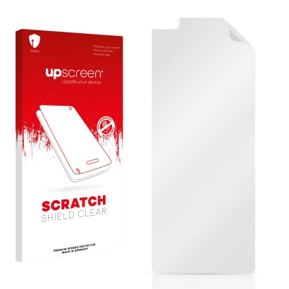 Vorderseite einer Produktverpackung mit dem Markenlogo upscreen. Daneben ist der zugehörige Displayschutz.
