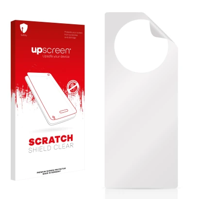 Vorderseite einer Produktverpackung mit dem Markenlogo upscreen. Daneben ist der zugehörige Displayschutz.