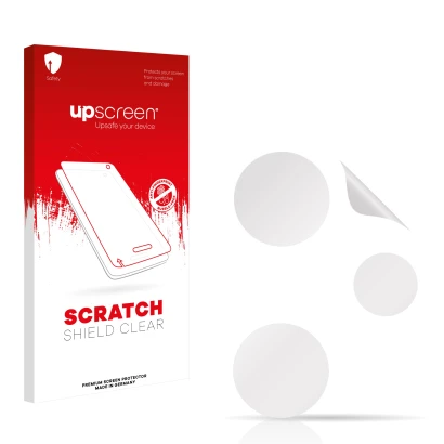 Vorderseite einer Produktverpackung mit dem Markenlogo upscreen. Daneben ist der zugehörige Displayschutz.