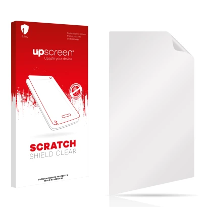 Vorderseite einer Produktverpackung mit dem Markenlogo upscreen. Daneben ist der zugehörige Displayschutz.