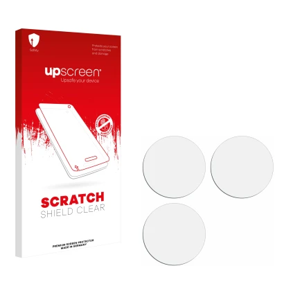 Vorderseite einer Produktverpackung mit dem Markenlogo upscreen. Daneben ist der zugehörige Displayschutz.