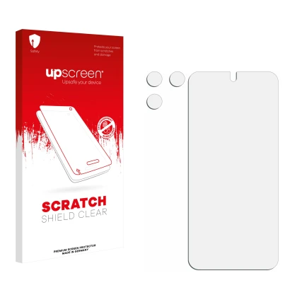 Vorderseite einer Produktverpackung mit dem Markenlogo upscreen. Daneben ist der zugehörige Displayschutz.