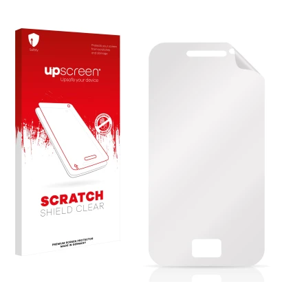 Vorderseite einer Produktverpackung mit dem Markenlogo upscreen. Daneben ist der zugehörige Displayschutz.