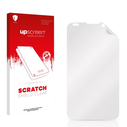 Vorderseite einer Produktverpackung mit dem Markenlogo upscreen. Daneben ist der zugehörige Displayschutz.