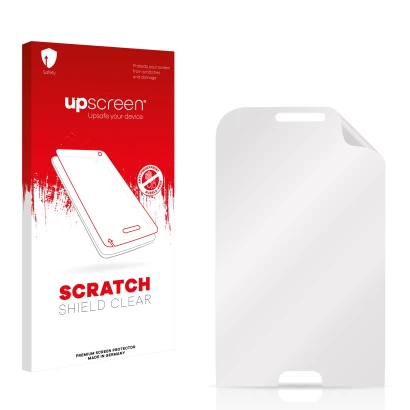 Vorderseite einer Produktverpackung mit dem Markenlogo upscreen. Daneben ist der zugehörige Displayschutz.