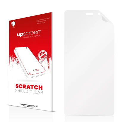 Vorderseite einer Produktverpackung mit dem Markenlogo upscreen. Daneben ist der zugehörige Displayschutz.