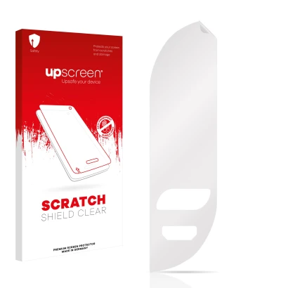 Vorderseite einer Produktverpackung mit dem Markenlogo upscreen. Daneben ist der zugehörige Displayschutz.