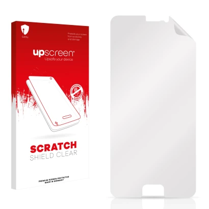 Vorderseite einer Produktverpackung mit dem Markenlogo upscreen. Daneben ist der zugehörige Displayschutz.