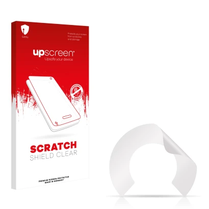 Vorderseite einer Produktverpackung mit dem Markenlogo upscreen. Daneben ist der zugehörige Displayschutz.