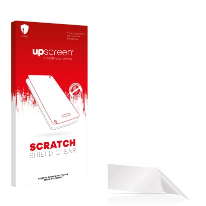 Vorderseite einer Produktverpackung mit dem Markenlogo upscreen. Daneben ist der zugehörige Displayschutz.