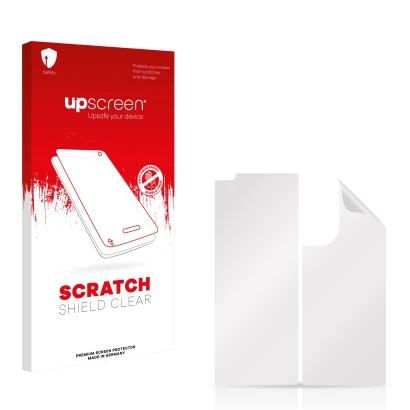 Vorderseite einer Produktverpackung mit dem Markenlogo upscreen. Daneben ist der zugehörige Displayschutz.