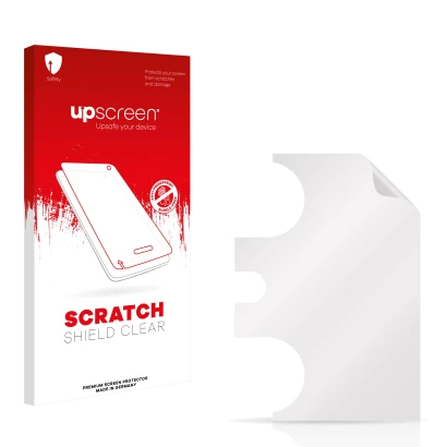 Vorderseite einer Produktverpackung mit dem Markenlogo upscreen. Daneben ist der zugehörige Displayschutz.