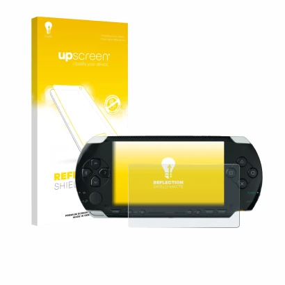 Vorderseite einer Produktverpackung mit dem Markenlogo upscreen. Daneben ist das Gerät Sony PSP 1000 mit dem zugehörigen Displ
