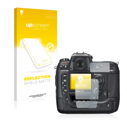 Vorderseite einer Produktverpackung mit dem Markenlogo upscreen. Daneben ist das Gerät Nikon D2X mit dem zugehörigen Displaysc