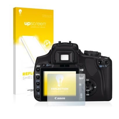 Vorderseite einer Produktverpackung mit dem Markenlogo upscreen. Daneben ist das Gerät Canon EOS 400D mit dem zugehörigen Disp