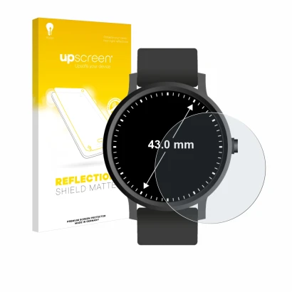 Vorderseite einer Produktverpackung mit dem Markenlogo upscreen. Daneben ist das Gerät Armbanduhren (Kreisrund, ø: 43 mm) mit 