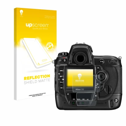 Vorderseite einer Produktverpackung mit dem Markenlogo upscreen. Daneben ist das Gerät Nikon D3 mit dem zugehörigen Displaysch