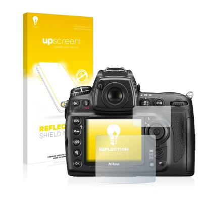 Vorderseite einer Produktverpackung mit dem Markenlogo upscreen. Daneben ist das Gerät Nikon D700 mit dem zugehörigen Displays