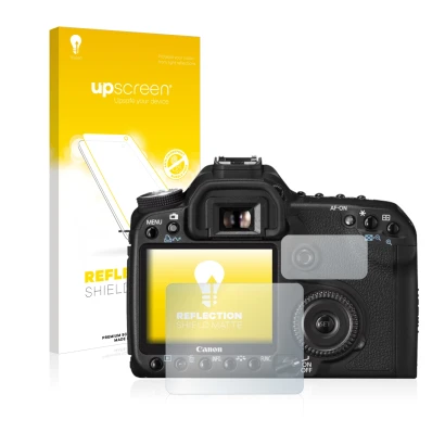 Vorderseite einer Produktverpackung mit dem Markenlogo upscreen. Daneben ist das Gerät Canon EOS 50D mit dem zugehörigen Displ