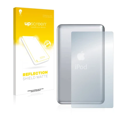 Vorderseite einer Produktverpackung mit dem Markenlogo upscreen. Daneben ist das Gerät Apple iPod classic 120 GB (Rückseite, 7