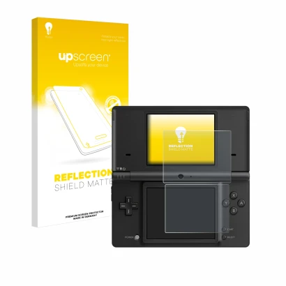 Vorderseite einer Produktverpackung mit dem Markenlogo upscreen. Daneben ist das Gerät Nintendo DSi mit dem zugehörigen Displa