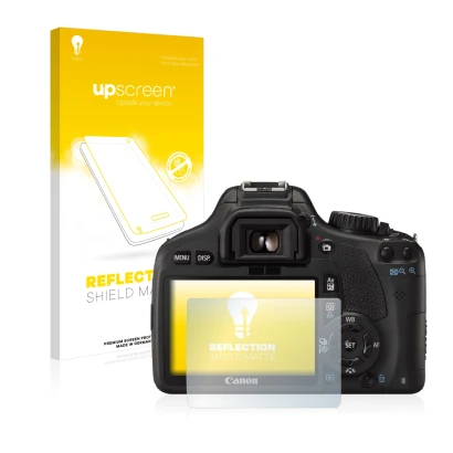 Vorderseite einer Produktverpackung mit dem Markenlogo upscreen. Daneben ist das Gerät Canon EOS 550D mit dem zugehörigen Disp