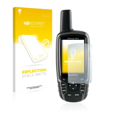 Vorderseite einer Produktverpackung mit dem Markenlogo upscreen. Daneben ist das Gerät Garmin GPSMAP 62st mit dem zugehörigen