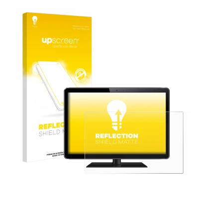 Vorderseite einer Produktverpackung mit dem Markenlogo upscreen. Daneben ist das Gerät mit dem zugehörigen Displayschutz abgeb