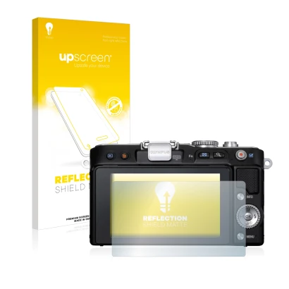 Vorderseite einer Produktverpackung mit dem Markenlogo upscreen. Daneben ist das Gerät Olympus PEN E-PL3 mit dem zugehörigen D