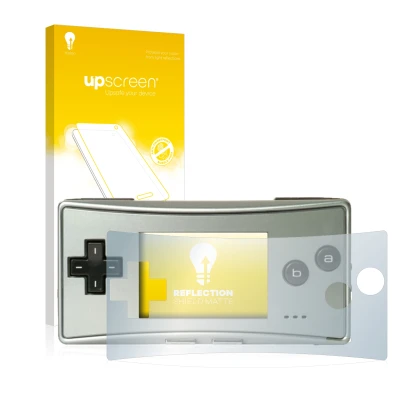 Vorderseite einer Produktverpackung mit dem Markenlogo upscreen. Daneben ist das Gerät Nintendo Gameboy Micro mit dem zugehöri