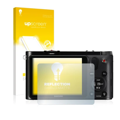 Vorderseite einer Produktverpackung mit dem Markenlogo upscreen. Daneben ist das Gerät Samsung NX1000 mit dem zugehörigen Disp