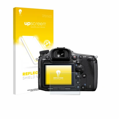 Vorderseite einer Produktverpackung mit dem Markenlogo upscreen. Daneben ist das Gerät Sony Alpha 99 mit dem zugehörigen Displ