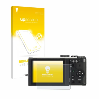 Vorderseite einer Produktverpackung mit dem Markenlogo upscreen. Daneben ist das Gerät Pentax MX-1 mit dem zugehörigen Display