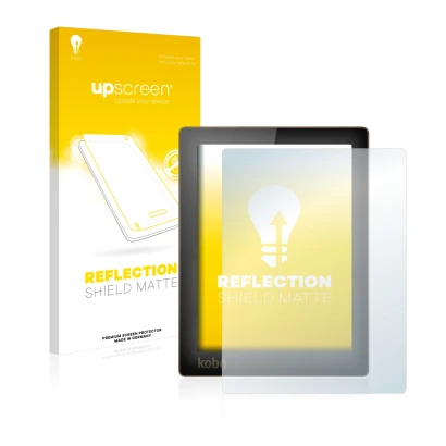 Vorderseite einer Produktverpackung mit dem Markenlogo upscreen. Daneben ist das Gerät Kobo Aura mit dem zugehörigen Displaysc