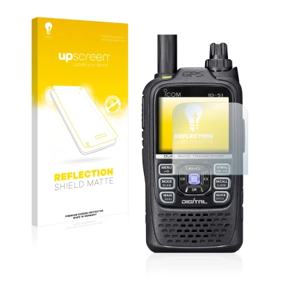 Vorderseite einer Produktverpackung mit dem Markenlogo upscreen. Daneben ist das Gerät Icom ID-51 mit dem zugehörigen Displays