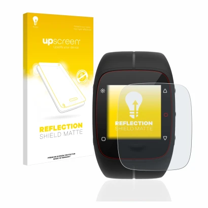 Vorderseite einer Produktverpackung mit dem Markenlogo upscreen. Daneben ist das Gerät Polar M400 mit dem zugehörigen Displays