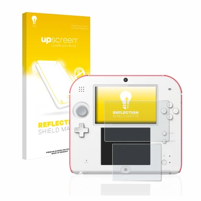 Vorderseite einer Produktverpackung mit dem Markenlogo upscreen. Daneben ist das Gerät Nintendo 2DS mit dem zugehörigen Displa