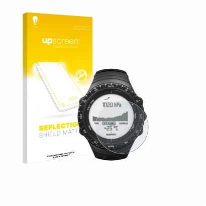 Vorderseite einer Produktverpackung mit dem Markenlogo upscreen. Daneben ist das Gerät Suunto Core Regular Black mit dem zugeh