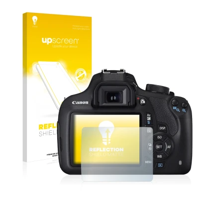 Vorderseite einer Produktverpackung mit dem Markenlogo upscreen. Daneben ist das Gerät Canon EOS 1200D mit dem zugehörigen Dis