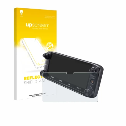 Vorderseite einer Produktverpackung mit dem Markenlogo upscreen. Daneben ist das Gerät Icom ID-5100 mit dem zugehörigen Displa