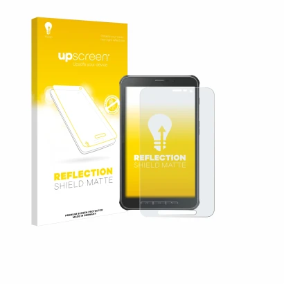 Vorderseite einer Produktverpackung mit dem Markenlogo upscreen. Daneben ist das Gerät Samsung Galaxy Tab Active SM-T365 mit d