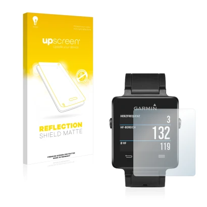Vorderseite einer Produktverpackung mit dem Markenlogo upscreen. Daneben ist das Gerät Garmin vivoactive mit dem zugehörigen D