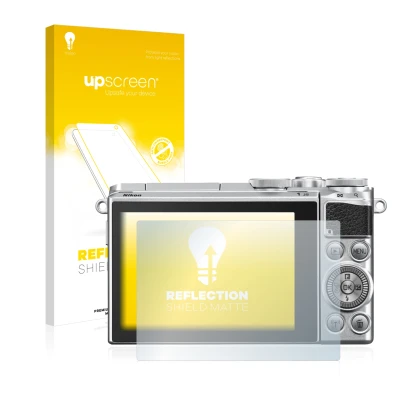 Vorderseite einer Produktverpackung mit dem Markenlogo upscreen. Daneben ist das Gerät Nikon 1 J5 mit dem zugehörigen Displays