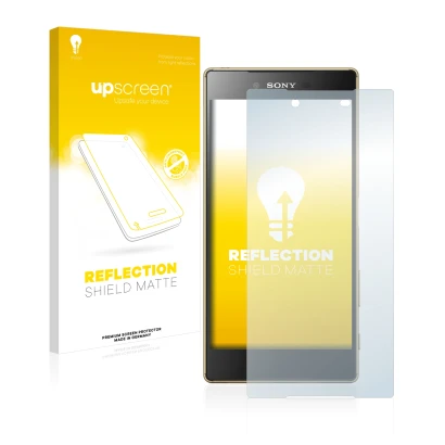 Vorderseite einer Produktverpackung mit dem Markenlogo upscreen. Daneben ist das Gerät Sony Xperia Z5 Premium mit dem zugehöri