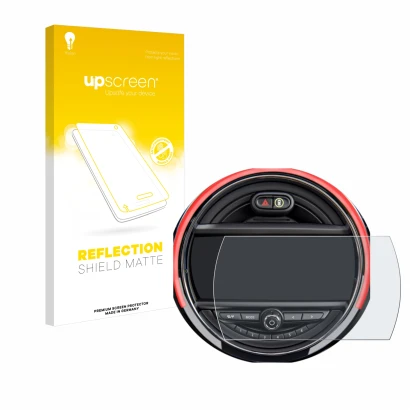 Vorderseite einer Produktverpackung mit dem Markenlogo upscreen. Daneben ist das Gerät Mini Cooper R56 (6.5") mit dem zugehöri